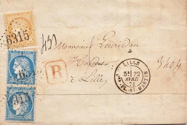 1873: Lettre de et pour LILLE envoyée en recommandé affranchie à 75 c