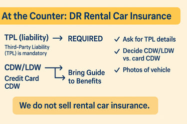 Checklist: DR rental car insurance—TPL required; choose CDW/LDW or card CDW; bring Guide to Benefits