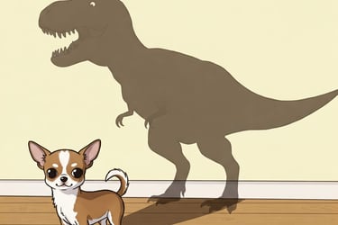 chihuahua casting the shadow of a ferocious dinosaur