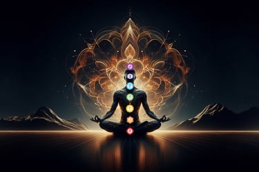 Pessoa em posição de lótus com chakras alinhados, representando o Projeto Terapias da Alma