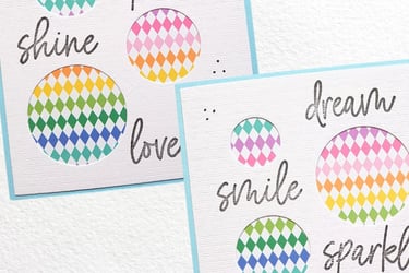 Colorful patterned circles on textured cards with words like "shine," "dream," "smile," and "sparkle