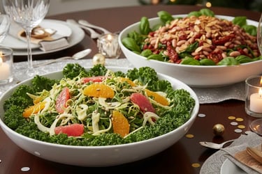 Bulk healthy catering salads featuring citrus fennel crunch and Mediterranean white bean for office wellness lunches.