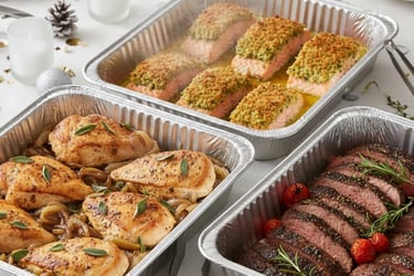 Hot winter catering specials: leek & horseradish salmon, cider onion sage chicken and balsamic & pepper beef in foil pans.