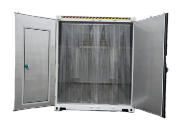 Insulated refrigerated shipping container with open doors and PVC strip curtains for cold storage.