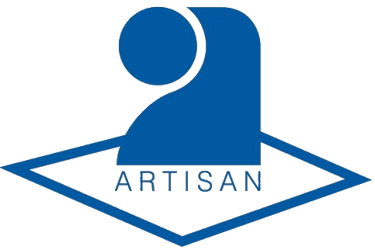 a blue and white logo with the word artisann