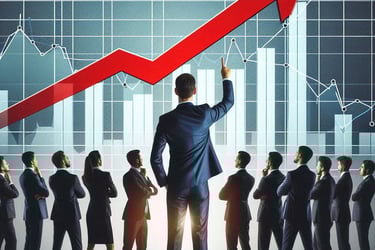 Marketing team leader pointing to charts showing high performance