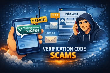 Illustration of a verification code scam showing a phone with a one-time code, a fake login screen,