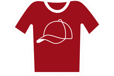 Red t-shirt icon with a white business cap graphic design on the front.