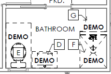 plan drawings of a bathroom with demo pointed out