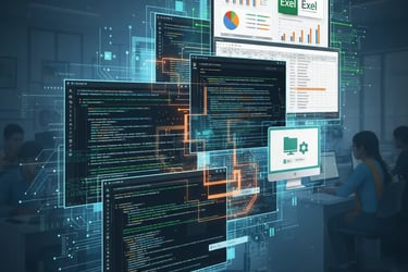 Person working on multiple computer screens displaying programming code, dat analytics