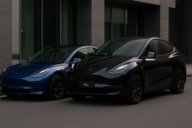 Dois carros elétricos Tesla estacionados lado a lado em frente a um prédio moderno, um Model 3 azul 