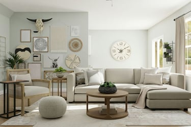 Boho farmhouse living room with a cream sectional sofa, layered cushions, tribal-inspired wall art.
