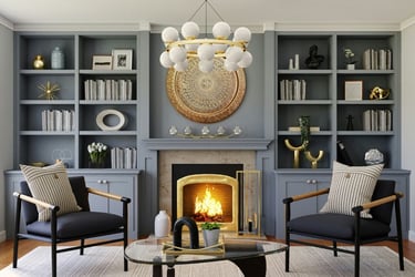 Living room with soft blue-grey built-ins, mid-century modern armchairs and a glass coffee table.