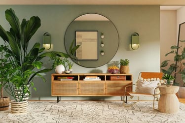 Tropical plants with mid-century furniture, sage green accent wall, earthy tones and natural wood.