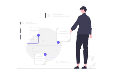 an ilustration of a man standing in front of a graphic showing automation