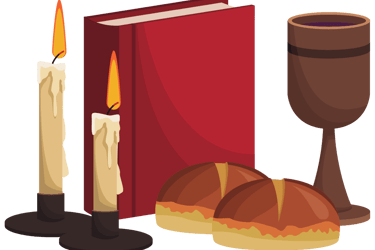book, candles, bread and cup