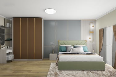 Modern master bedroom interior with a green upholstered bed, large brown wardrobe, and minimalist vanity set.