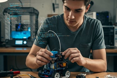 Maker trabaja en un pequeño robot; una impresora 3D al fondo, y sobreimpresionadas líneas de código fuente.