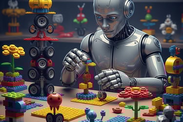 Robot humanoide construyendo objetos extraños con piezas de lego.