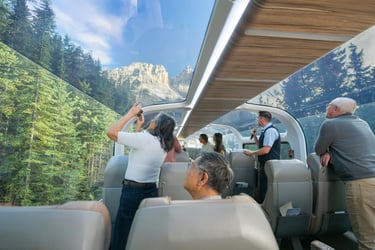 A group on Rocky Mountaineer Rail looking out a glass dome train car