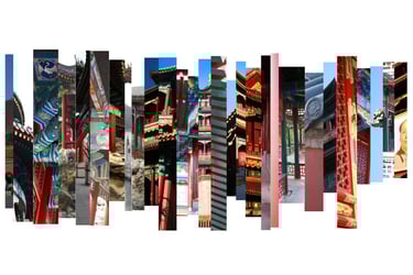 digital photo montage print, collage photography, Beijing, China, slices, red, architecture