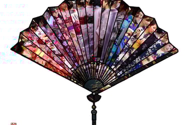 digital photo montage print, collage photography, travel enthusiast, kimono, Japan, women, pink purple, fan