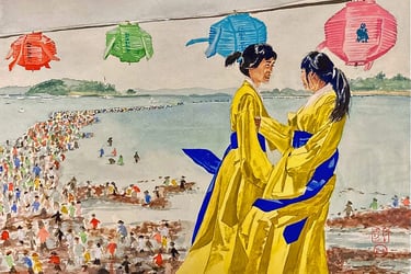 original watercolor painting girls South Korea portrait lanterns seascape