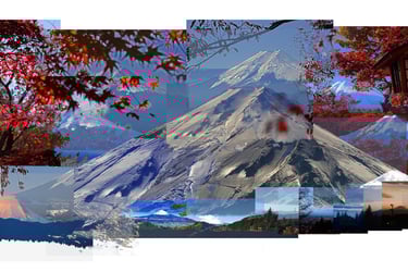digital photo montage print, collage photography, travel enthusiast, Mt Fuji, Japan, autumn leaves, red blue