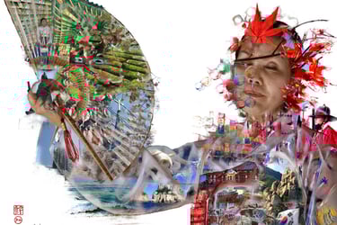 digital photo montage print, portrait woman, South Korea, collage photography, travel enthusiast