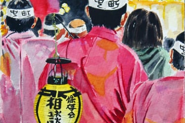 original watercolor painting Japan lantern red yellow