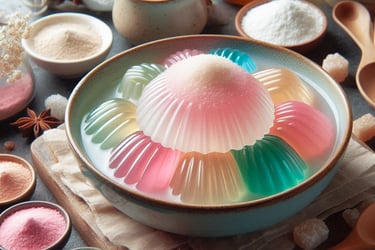 multi-colored jelly in bowl with various powders