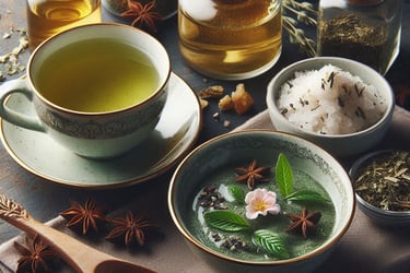 a cup of green tea next to bowls of herbs and skincare ingredients