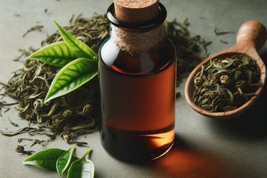 a brown glass bottle with liquid, and herbs around it