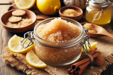 a bowl of brown sugar with sliced lemon beside it