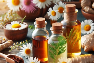 various liquids in glass bottles, with flowers around