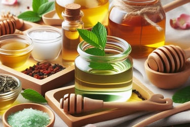 green tea and honey in jars, with variety of ingredients in background