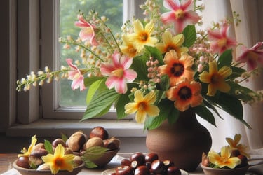 mimulus and sweet chestnut flowers in vase, in front of a window