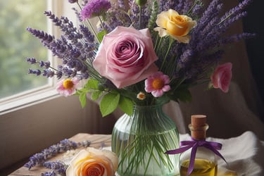 lavender, rose and mimulus in a vase, beside a window