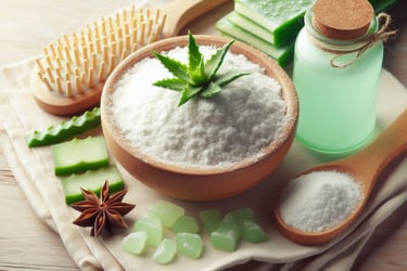 aloe leaves in a white powder in a bowl, with green colored liquid in glass jar