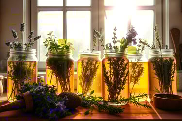 A sunlit kitchen window with glass jars filled with vibrant herbal plants soaking in golden oil, sun