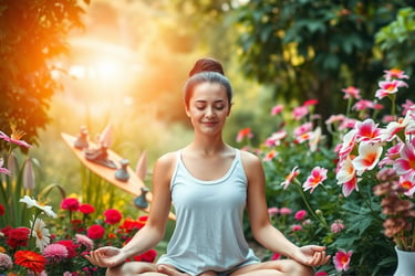 A woman practicing yoga meditation in a vibrant flower garden during a peaceful sunset.