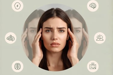 A woman experiencing dizziness and a migraine headache with surrounding medical icons.