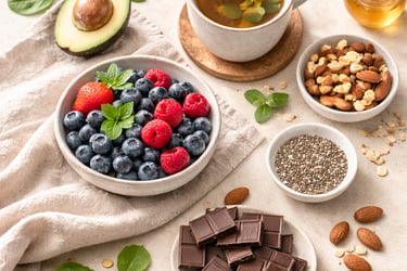 Healthy breakfast flat lay featuring berries, dark chocolate, herbal tea, and avocado for brain health.