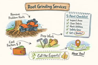 Arborist operating a grinder removing roots from a backyard stump.