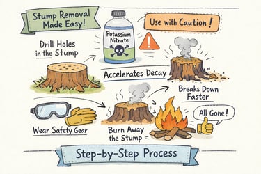 Arborist applying potassium nitrate crystals to a tree stump before covering for accelerated decay.