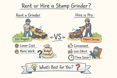 Stump‑grinding crew using pro equipment to compare rental vs. hiring costs and safety for homeowners.