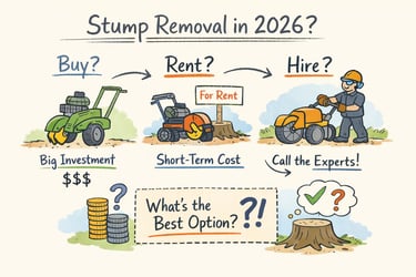 Crew using commercial stump‑removal equipment to compare buying, renting, or hiring for safe, efficient stump grinding.