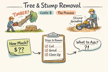 Arborist grinding a stump in a yard — stump removal costs and process.