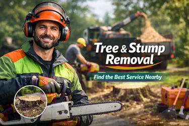 Certified arborist with stump grinder in residential yard — tree and stump removal