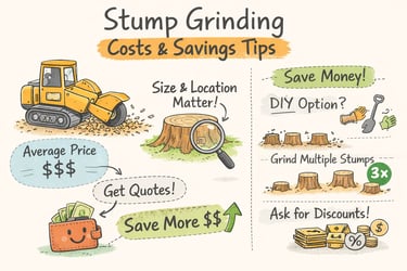 Arborist operating stump grinder beside fresh stump — average costs and money‑saving tips.